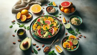 Alt: A vibrant citrusy vegan dinner with quinoa, avocado, mint, and toasted almonds, surrounded by fresh fruits and garnishes on a clean table.