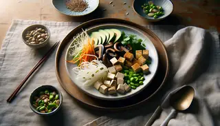 Image of a warm, inviting table setting featuring Asian-style vegan tapas: marinated king oyster mushrooms and tofu, julienned daikon, avocado slices, edamame, carrots, topped with nori, cilantro, and sesame seeds.