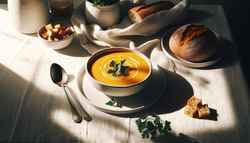 A minimalist table setting with a creamy butternut squash soup in a white bowl, garnished with parsley, and accompanied by bread or crackers, in soft natural light.