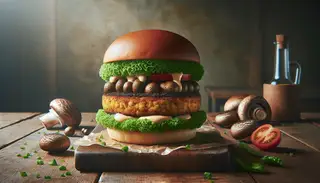 Hyper-realistic image of a vegan gourmet burger with exotic mushrooms and truffle oil, on a rustic wooden table in a nature-inspired setting.