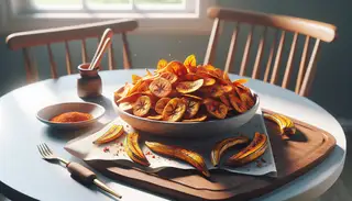 Vibrant and flavorful African-inspired spicy plantain chips on a clean, minimalistic table setting.