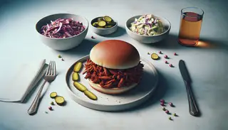 A vegan lunch featuring a smoky pulled jackfruit sandwich on a toasted bun, accompanied by vegan coleslaw and pickles, on a minimalist table setting.