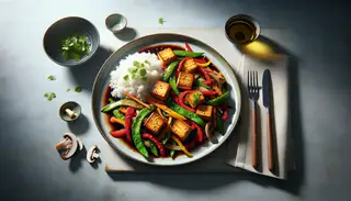 Hyperrealistic image of 'Seared Ethnic Cuisine Delight' featuring golden tofu, vibrant vegetables, shiitake, and hoisin sauce on a minimalist table.