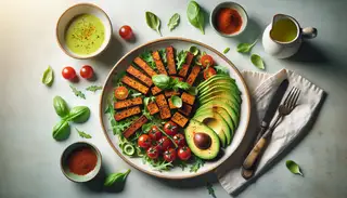 Vegan tapas with sautéed smoked tempeh, avocado, cherry tomatoes on arugula, drizzled with paprika-lemon dressing, garnished with basil, on a clean table setting.