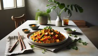 Vegan Spicy Tempeh Fried Rice Image of a tranquil dining setting with Vegan Spicy Tempeh Fried Rice on a white plate, featuring golden rice with tempeh, colorful bell peppers, carrots, and topped with green herbs, beside simple dining utensils, in a serene, warmly lit environment.