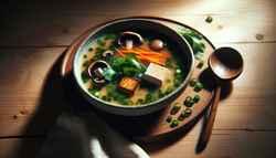 Steaming vegan miso soup with tofu, shiitake mushrooms, and carrots, garnished with cilantro and green onions on a wooden table.