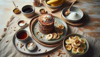 Vegan brunch with coconut cardamom pancakes, maple syrup, bananas, and toasted coconut on a wooden table with soft lighting.