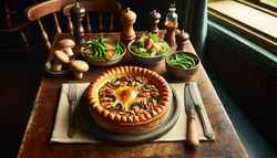 Golden vegan mushroom and walnut pie with a puffed crust, served with green beans or salad, in a cozy gastro pub setting.