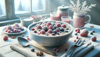 Hyperrealistic image of Coconut Berry Overnight Oats on a clean tabletop, evoking serene breakfast vibes.