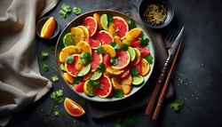 Vibrant citrus salad with soy-sesame dressing, garnished with cilantro and sesame seeds on a minimalist table setting.