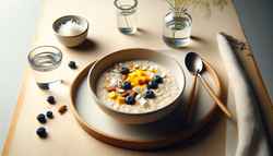 A serene brunch setup featuring a bowl of Coconut Millet Porridge topped with mango, blueberries, coconut, and almonds, on a wood table with a glass of water and a spoon.