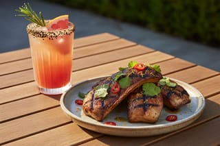 Charred King Oyster mushroom ribs with umami glaze and chili, served with a botanical grapefruit mocktail on a sunlit California patio.