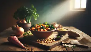 Rustic wooden table with a ceramic bowl of colorful African vegan stew, fresh vegetables around, in a softly lit, minimalist setting.