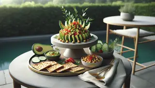 Image of a minimalist outdoor table featuring Moroccan-Spiced Chickpea and Avocado Tartare, surrounded by pita chips and cucumbers, set in a natural backdrop.