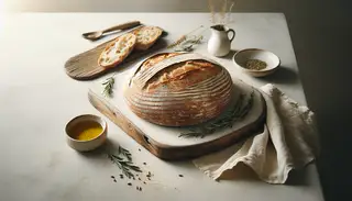 A crusty whole wheat loaf with rosemary on a clean table, linen napkin, olive oil dish, in a cozy, autumnal setting with neutral tones.