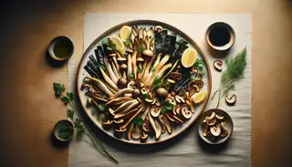 Aromatic vegan 'Seafood' Platter with king oyster mushrooms, hearts of palm, and nori, garnished with herbs and lemon on a warmly lit, minimalist table.