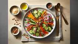 A simplistic dining table with a round white plate of colorful pickled veggies and millet, topped with peanuts and cilantro, with utensils to the side.