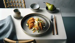 Vegan confit jackfruit with Asian pear slaw on an elegant, minimalistic table, featuring bamboo accents and ceramic tableware, highlighting freshness and sophistication.