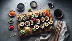 Image of vegan sushi arranged on a simple table, featuring colorful fillings and small dishes of soy sauce, wasabi, and pickled ginger.