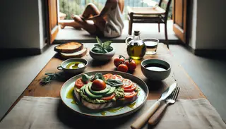 A minimalist breakfast setup showcasing a vegan gourmet dish: toasted Italian bread, velvety avocado spread, fresh tomatoes, basil leaves, and extra virgin olive oil.