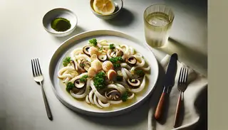 An elegant vegan 'seafood' platter with king oyster mushrooms, hearts of palm, and banana blossoms in buttery sauce, garnished with parsley and nori, beside lemon wedges.