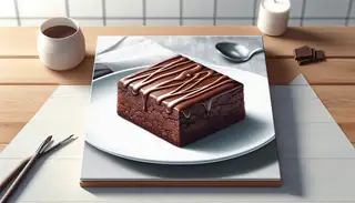 A decadent vegan chocolate brownie on a pristine tabletop, invitingly gooey and ready to be savored.