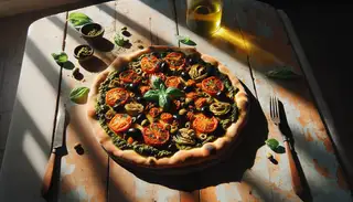A beautifully crafted vegan Mediterranean pizza with homemade pesto, sun-dried tomatoes, olives, capers, and artichoke hearts, glistening with olive oil and adorned with basil leaves.