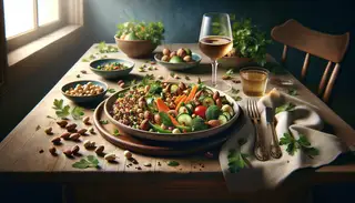 Exquisite gourmet dish featuring mixed nuts, quinoa, and vegetables, adorned with fresh parsley, on a serene, elegant table setting.