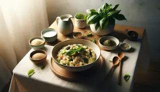 Minimalist buffet table featuring Vegan Asian-Italian Fusion Risotto in a chic bowl, garnished with Thai basil and sesame, surrounded by coconut milk and fresh basil.