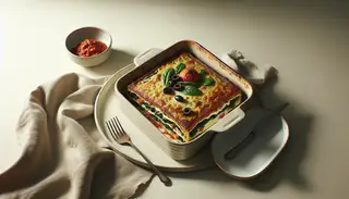 Image of vegan lasagna in a minimalist dish, showing layers of marinara, dairy-free ricotta, and vegetables, with a plate and fork beside it, in soft lighting.