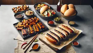 Minimalist vegan BBQ buffet with smoky jackfruit and seitan, grilled hot dogs on buns with vibrant toppings, set against a neutral background.