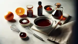 A minimalist vegan BBQ marinade setup with a bowl of glossy soy-maple blend, a whisk, maple syrup bottle, an orange, and smoked paprika on a clean table.