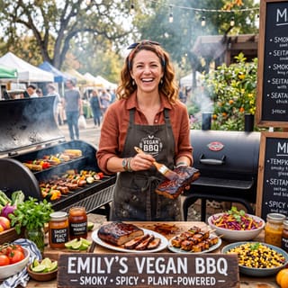 Emily in a modern kitchen with rustic elements, grilling smoky BBQ tempeh ribs.