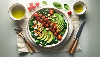 Vegan 'Blanched Breakfast Delight' with spinach, cherry tomatoes, crumbled tofu, avocado, and almonds, drizzled with olive oil and lemon on a minimalist table.
