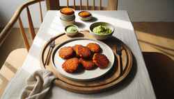Minimalist dining setup with Vegan Sweet Potato and Millet Fritters on a white plate, accompanied by avocado dip, under natural light.