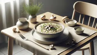 Hyperrealistic image of creamy vegan mushroom risotto in a white bowl, garnished with herbs, fresh mushrooms, and nutritional yeast on a neat table with natural light.