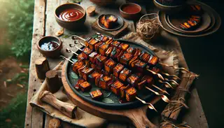 Envision an inviting, rustic table setup for an outdoor gathering. Upon it, a platter holds an assortment of succulent and smoky jackfruit skewers, each piece charred just right, resembling the look of classic BBQ. Complementing the main dish are repurposed wooden skewers, enhancing the organic and earthy aesthetic of the setting. The tangy BBQ sauce glistens on the juicy jackfruit, adding a mesmerizing glossy finish, while the smoky aroma lingers in the surrounding air. This scene captures a plant-based twist on traditional BBQ finger foods, promising an unforgettable culinary experience.