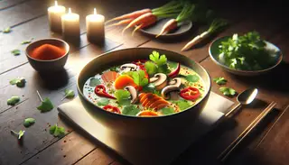 Vibrant Asian-inspired vegan coconut soup in a bowl, featuring carrots, red bell pepper, and shiitake mushrooms, garnished with cilantro and chili flakes, on a wooden table.