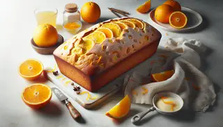 Freshly baked vegan citrus bread on a clean table, golden crust and vibrant citrus peel, minimalistic decor.
