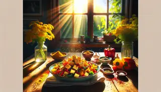 Visualize a sunny morning breakfast scene. On a wooden table illuminated by the golden sunlight streaming in through a window, there's a plate piled with a colorful vegan breakfast. Crumbled tofu, slightly crispy in texture and a shade between white and yellow thanks to seasonings - soy sauce, turmeric, garlic powder, onion powder, paprika, and black salt. Beside it, a vibrant assortment of sautéed vegetables inclusive of bell peppers in assorted colors, onions, and mushrooms. The combination of the food's vibrant colors against the wooden table creates a harmonious and appealing scenery. For a finishing touch, the dish is garnished with fresh herbs and a sprinkle of salt and pepper.