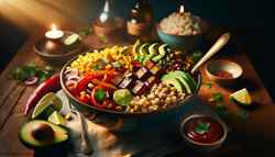 Depict a vibrant vegan dinner setting featuring a BBQ Tempeh Bowl. Show a dinner table holding a luscious bowl overflowing with grilled tempeh, fluffy quinoa, vibrant bell peppers, sliced red onions, sweet corn kernels, creamy avocado slices, and a sprinkle of fresh cilantro, all basking under the warm glow of a setting sun. An aroma of BBQ sauce permeates the air, with a fresh lime wedge poised for squeezing over the bowl. The viewer is virtually sat at the table, anticipation evident, ready to explore this culinary delight. The scene is meant to evoke the sensation of relishing each bite of this healthy and flavorful dish.