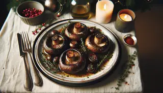 Vegan holiday feast featuring slow-baked portobello mushrooms on a festive plate, accented with pine branches, in a warm, blurred background.