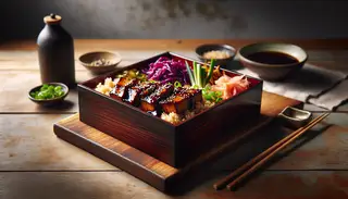 Image of a glossy, traditional lacquered bento box on a wooden table, filled with hoisin-glazed smoked jackfruit, brown rice, purple cabbage, green onions, pickled ginger, and black sesame seeds.