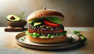 Side view of a gourmet African fusion vegan burger on a ceramic plate, featuring a black bean and lentil patty, lettuce, tomato, avocado, and vibrant spices.