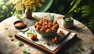 A vibrant outdoor setting with 'Spicy Asian BBQ Cauliflower Bites' on a simple table, featuring golden florets in shiny sauce, garnished with sesame and scallions.