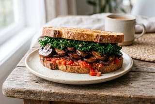 A gourmet glazed mushroom sandwich with green kale and tomato relish on a rustic wooden board, showing sticky tamarind sauce and toasted bread.