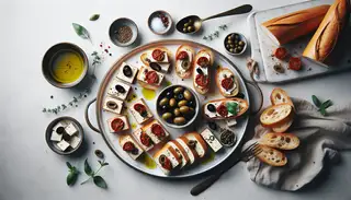 Minimalist vegan charcuterie-style dish with smoked tofu slices, toasted baguettes topped with vegan cream cheese, sun-dried tomatoes, olives, capers, drizzled olive oil, and fresh herbs.
