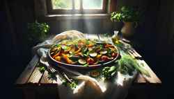 Imagine an idyllic scene of a beautifully set rustic wooden table, draped with a simple white linen tablecloth. Natural sunlight beams through a nearby window, casting a warm, inviting glow on the table. At the center lies a large ceramic platter carrying a vibrant medley of roasted vegetables - zucchini, bell peppers, and carrots. They're glistening with olive oil, rendered tender and slightly caramelized, testifying to their natural sweetness. What makes this ensemble truly exceptional is the liberal garnishing of finely chopped mixed herbs - the fragrant basil, the lively parsley, and the delicate dill. Their green hues contrast spectacularly with the roasted vegetables, making the plate an enticing array of colors and shapes. The aroma that permeates the air is a heady mix of earthiness from the roasted vegetables and refreshing scent from the herbs, alluding to a feast for the senses. The scene is complete with a few sprigs of fresh herbs scattered around the platter, for that extra touch of visual interest. This image invites you on a gastronomic journey, prompting you to relish nature's bounty and enjoy a moment of pure, unadulterated culinary delight.