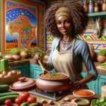 Nia in a colorful kitchen adorned with African art, preparing a vegan Ethiopian lentil stew.