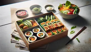 Vegan Asian-Italian Bento Box featuring sushi-inspired risotto balls, mini vegetable lasagna, and a fresh salad with ginger-miso dressing on a wooden table.